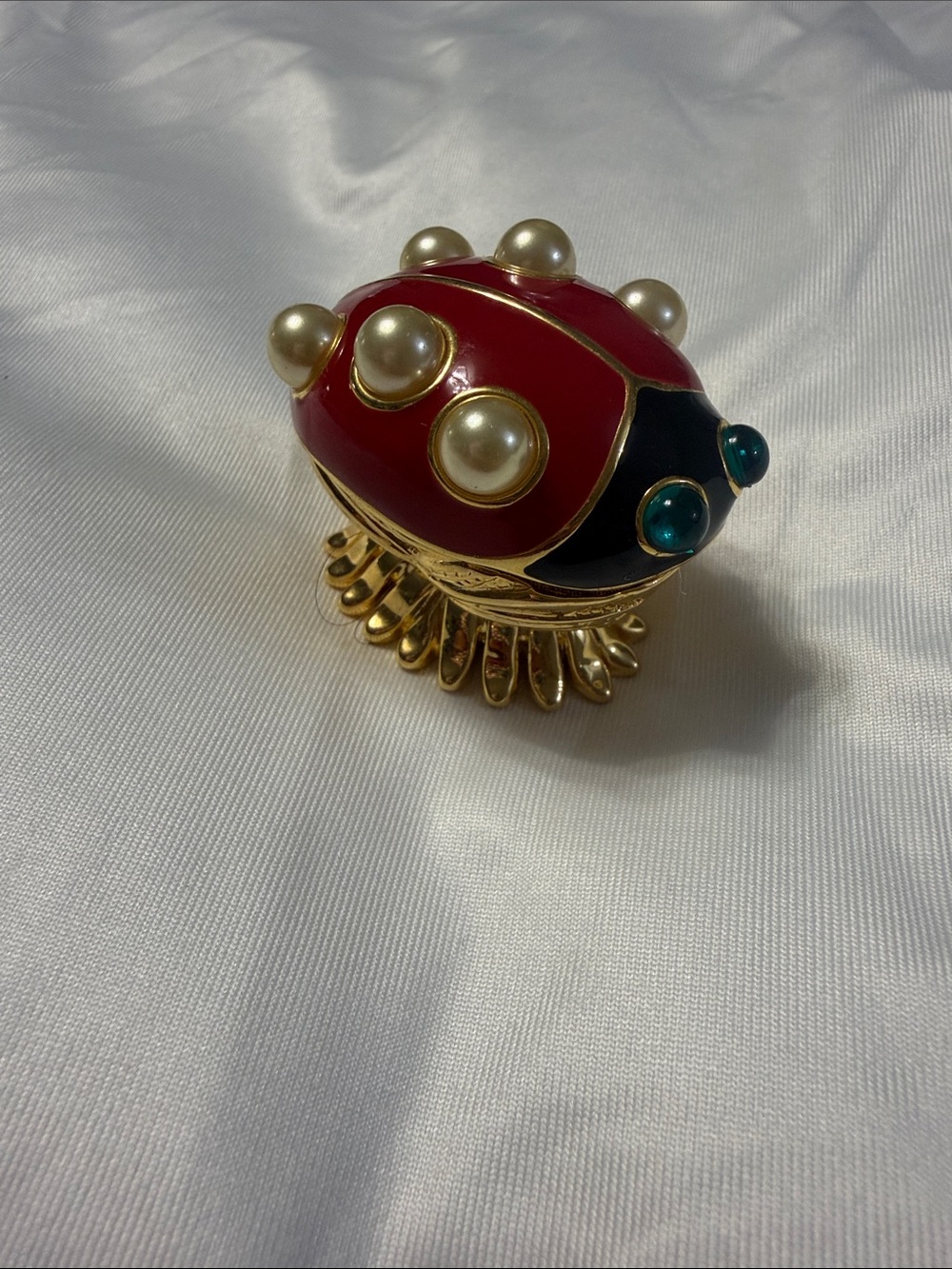 Kenneth Jay Lane Red Enamel Ladybug Brooch with Faux Pearls and Green Cabochons